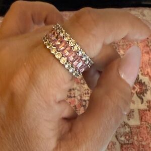 Pink Crystal Trio Stack Ring in Silver Tone